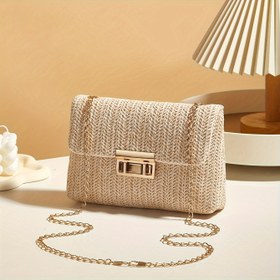 Resim El Dokuma Saman Tarzı Kadın Çapraz Vücut Çantası, Altın Tonlu Kilit Kapama, Çıkarılabilir Zincir Askılı ve Polyester Astarlı - Şık Günlük Kullanım İçin Urban Chic Düz Renkli Çanta, Elde Yıkama/Kuru Temizleme, Örgülü Çanta, Zarif Turnlock 