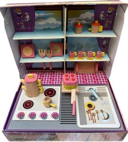 Resim Minik Şeflerin Tam Donanımlı Mutfağı: Standlı Ahşap Oyuncak Minyatür Komple Mutfak Ekipmanları Seti 