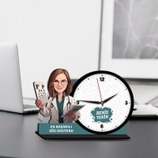 Resim Kadın Göz Doktoru Karikatürlü MDF Masa Saati 