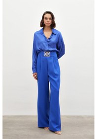 Resim Sateen Bel Aksesuarlı Bol Paça Pantolon - Sax Mavi-134774 Saks Mavisi 