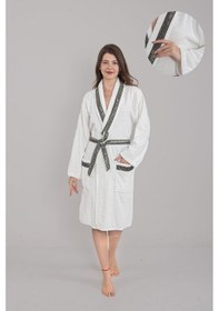 Resim Güvenal Valentis Desenli İşlemeli Kutulu Kadın Erkek Pamuk Bornoz Sabahlık Bornoz Seti Çeyiz Hediyelik 6 Lacivert 