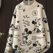 Resim Kadınlar için Mickey & Minnie Mouse Grafik Kazak - Rahat Yuvarlak Yaka, Uzun Kollu, Kabarık Dokulu, Karikatür Baskılı, Rahat Sonbahar/Kış Kazak, Bol Kesim, Orta Esneklik, Günlük Giyim için Mükemmel, Günlük Giyim Kazak | Eğlenceli Baskılı Üst | Orta Esneklikli Kumaş, Kavisli Kadın Kazak/T-shirt, Kadın Kazak, Kadınlar için Güzel Kazak, Kadın Kazak 