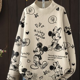 Resim Kadınlar için Mickey & Minnie Mouse Grafik Kazak - Rahat Yuvarlak Yaka, Uzun Kollu, Kabarık Dokulu, Karikatür Baskılı, Rahat Sonbahar/Kış Kazak, Bol Kesim, Orta Esneklik, Günlük Giyim için Mükemmel, Günlük Giyim Kazak | Eğlenceli Baskılı Üst | Orta Esneklikli Kumaş, Kavisli Kadın Kazak/T-shirt, Kadın Kazak, Kadınlar için Güzel Kazak, Kadın Kazak 