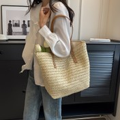 Resim 4 Renk Mevcut---------------Yeni Moda Vintage Büyük Kapasiteli Kadın Öğrenci Omuz Çantası Plaj İçin Uygun Dokuma Saplı Fermuarlı Tote Plaj Çantası 
