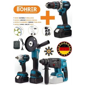 Resim Böhrer 4451 Alman 4'lü Set Akülü 13 MM Akülü Kırıcı Delici Hilti + Darbeli Vidalama + Somun Sıkma + Taşlama Makinesi 