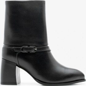 Resim Potinonline K946 Kadın Sivri Burun Kemer Detaylı Kalın Topuklu Bot Siyah 