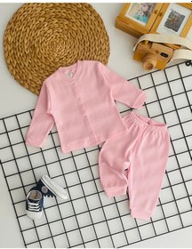 Resim Neşeli Bebekler Çizgili Kumaş Önden Çıtçıtlı Pijama Takımı Pembe 