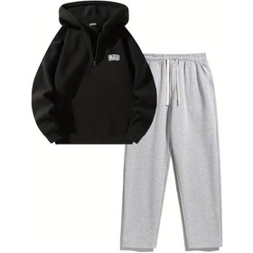 Resim Unisex Oversize Fermuarlı Kapüşonlu Eşofman Altı Joger - Nyc Baskılı Eşofman Takımı Siyah Gri 