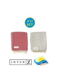 Resim 2'li Set Peştemal Plaj Havlusu , %100 Pamuk , Xxl 100x180cm, Marmaris, Kırmızı-gri 