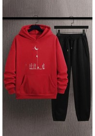 Resim Uyguntarz Unisex Kırmızı Kapuşonlu Uzay Temalı Baskılı Eşofman Takımı 