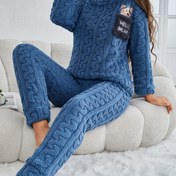 Resim Yetişkinler için Şirin Kış Pijama Seti - Konforlu Triko Kumaş, Uzun Kol, Yuvarlak Yaka, Düz Renk, Cep ile, Soğuk Hava için Kalın Isınma 
