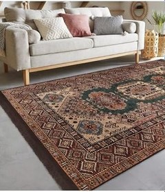 Resim RealHomes Kahverengi Zemin Pers Motifli Kilim Desenli Avangarde Vintage Oturma Odası Kaymaz Taban Saçaklı Halı HaliDik-Deluxe-11170, 150 x 300 