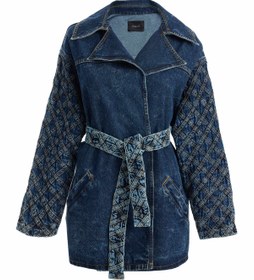 Resim Kadın Şerit Desenli Kemerli Denim Ceket - XL 