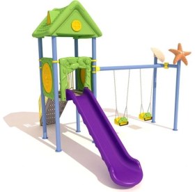Resim Çocuk Oyun Parkı - Tek Kaydıraklı 2'li Salıncaklı Ev Çatılı Model 