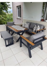 Resim Rovena Lena Alüminyum Bahçe Balkon Köşe Takımı Cappuccino 188x68 3lü 68 X68 2 Li 80/140 Masa Takımı 3+1+1+2 Puf + Masa Siyah 