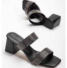 Resim İki Kalın Taş Bantlı Siyah Kadın Topuklu Terlik-2806-sıyah Siyah 