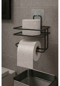 Resim Yapışkanlı Tuvalet Kağıtlığı Delmesiz Vidalamasız Metal Banyo Kağıtlık Askısı Siyah S-120 