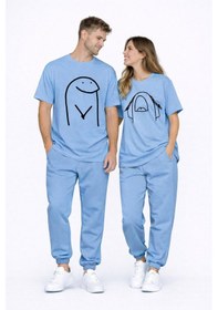 Resim Sevgili Kombini Çift Tişört Oversize Unisex Matching Couple Minim Mavi 