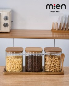 Resim Mien Akasya Ahşap Standlı 3 Lü Çizgili Cam Baharatlık Seti Kare 750 Ml Açık Kahverengi - Şeffaf 