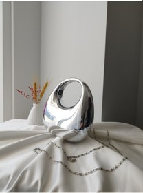 Resim Vivazzaluxe Modern Tasarım Oval Tutmalı Küçük Boy Kadın Abiye El, Omuz Çanta Gümüş 