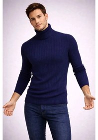 Resim Efnaz Style Erkek Balıkcı Yaka Bağazlı Triko Kazak Pamuklu Kalın Fitilli Dokuma, Regular Fit Uzun Kollu Kışlık Model - Lacivert 