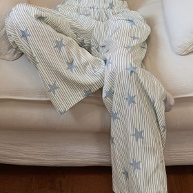 Resim Kadın Günlük Yıldızlı Gökyüzü Baskılı Bol Kesim Lastikli Bel Pantolon - Rahat Çizgili Uzun Pantolon, Tüm Mevsimler İçin, Şık Ev ve Uyku Giyim, Tüm Mevsim Pantolon | Rahat Kesim Pantolon | Konforlu Kumaş 