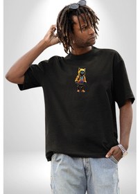 Resim Spor Eşofman Takımı Sarı Kedi İnsan Siyah Oversize Unisex Ön Orta Minimal Baskılı Tişört Siyah 