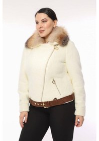 Resim Lady Sharm Natural Lama Deri Kemer Yaka Kaban Krem 