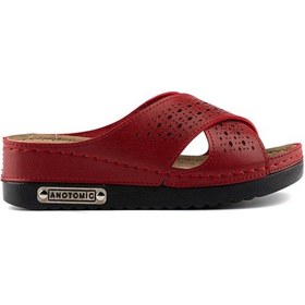 Resim Kadın Ortopedik Yumuşak Tabanlı Terletmeyen Çift Bantlı Hasır Tipi Delikli Rahat Anne Ev İçi Terliği Kırmızı 