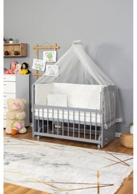 Resim Ahşap Beşik Anne Yanı Beşik Gri 60x120 - Krem Güpür Uyku Seti + Yatak Gri 