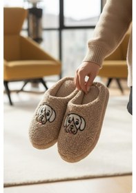 Resim Ft 102 Köpek Nakışlı Kadın Ev Terliği Peluş Terlik Çeyiz Ve Bohça Terliği Ses Yapmaz Kalın Taban Camel 