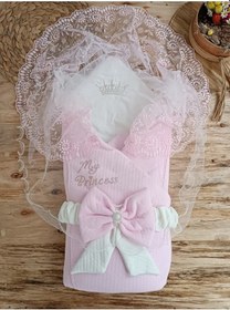 Resim Ekru Kız Bebek Battaniyesi Dantelli Kundak Hastane Çıkışı Yenidoğan %100 Doğal Pamuktan Hediyelik Pembe 