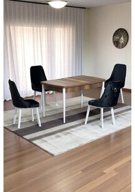 Resim Monera Ceviz 80 x 132 Açılabilen Sunta Masa Metal Ayaklı Mutfak Masası Takımı 4 Siyah Sandalye 