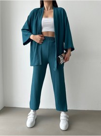 Resim BEJNA Kadın Petrol Yeşili Kimono Pantolon Örme Takımı 