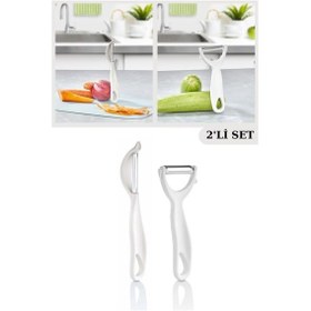 Resim 2 Adet Çok Amaçlı Yan Ve Sapan Soyacak, Meyve Sebze Paslanmaz Çelik Bıçaklı Soyucu 2 Li Set Beyaz 