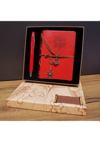 Resim Büro Ev Ofis Hediyesi İçin 2parça Pusula Motif Deri Defter Kırmızı Touch Kalem Seti 