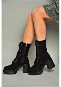 Resim Fox Shoes T973559002 Siyah Süet Kalın Topuklu Kadın Postal Bot Siyah 