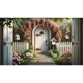 Resim Venspor Çiçekli Bahçe Kapısı ve Kuş Evleri Temalı Arkaplan 200x150cm Fon Duvar Örtüsü 