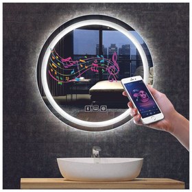 Resim DNR Mirror 70 Cm Bluetoothlu Buğu Yapmayan Dokunmatik Tuşlu Kumlamalı Beyaz Ledli Yuvarlak Banyo Aynası 