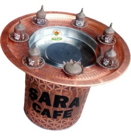 Resim Yuvarlak Kumda Kahve Bakır Kumda Kahve Makinesi Tepsili Kumda Kahve Standı Yüksek Boy Kumda Türk Kahvesi Makine Kızgın Kumda Kahve Tezgahı 