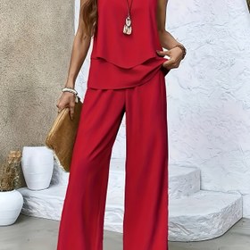 Resim Kadınların Zarif Kırmızı Kolsuz Bluz ve Geniş Paça Pantolon Takımı - Düz Renk, Pile Detay, Polyester, İlkbahar/Yaz Modası, Rahat Giyim|Minimalist Tarz|Polyester Kumaş 