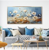 Resim Yağlı Boya Dokulu Tablo Mavi Fonda Beyaz Yatay Çiçekler Altın Çerçeveli U02045-178898 