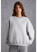 Resim Vaneltına Kadın Içi Polarlı 3 Iplik Organik Pamuk Oversize Basic Bisiklet Yaka Grimelanj Sweatshirt 