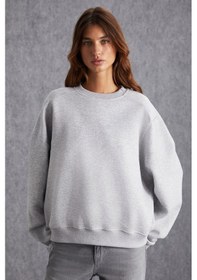 Resim Vaneltına Kadın Içi Polarlı 3 Iplik Organik Pamuk Oversize Basic Bisiklet Yaka Grimelanj Sweatshirt 