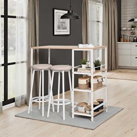 Resim Adore Mobilya Step-Up 2 Tabureli Yüksek Ayaklı Raflı Mutfak Masa Takımı - Beyaz 100x50x100 