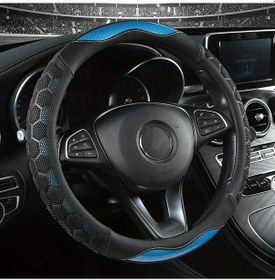 Resim Xuweiwei 15 İnç Pu Deri Direksiyon Kılıfı Blue Nefes Alabilir Kaymaz Kırmızı Dikiş Karbon Desen İç Halka Koruma Mikro Gözenek Çoğu Araba İçin - 