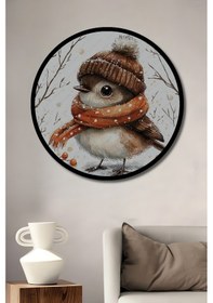 Resim Kışlık Sevimli Kuş Sulu Boya Görünümlü Ahşap Tablo Yuvarlak Duvar Tablosu Çerçeve Görünümlü-4804 - 30 X 30 