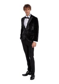Resim Simli Slim Fit Kadife Siyah Erkek Smokin Ceket - Wessi Siyah 