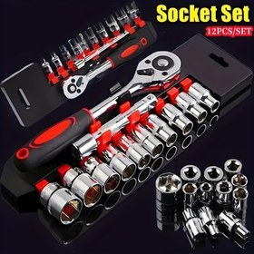 Resim Ratchet Anahtar Seti, Krom Kaplama Çelik 1/4 1/2 İnç İki Yönlü Tekerlekli Anahtar Otomatik Tamir Aracı 