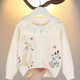 Resim Tavşan Nakışlı Kız Çocuklar İçin Termal Örgü Hırka Yuvarlak Yaka Volan Detaylı Rahat ve Şirin Örme Ceketler 